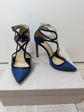 Jimmy Choo Lancer 100 Navy Mix Raffia Patent Leather Pointed Toe Heels Size 37